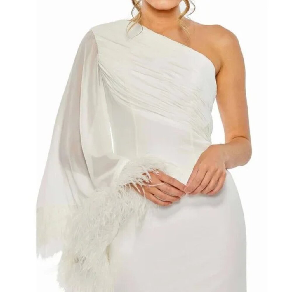 NWT Mac Duggal Feather Cuff One Shoulder Ruched Gown White